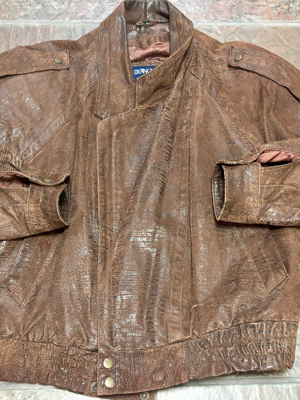 ~~Vintage Duncan Row Leather Brown Bomber Jacket Women's M Animal Print Full Zip